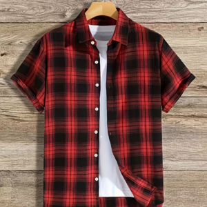 Men's Casual Red Plaid Button-Up Shirt