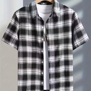 Men's Casual Plaid Button-Up Shirt - Short Sleeve