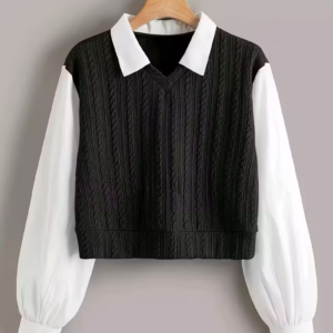 Women's Contrast Collar Stitch-Out 2-in-1 Long Sleeve Top