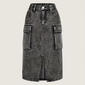 Girls' Vintage Distressed Black-Gray Denim Workwear Skirt