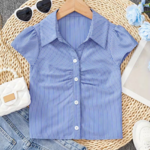 Classic Blue Striped Short-Sleeve Stand Collar Versatile T-Shirt