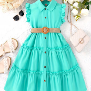 Girls’ Button Open Ruffle Solid Color Midi Dress